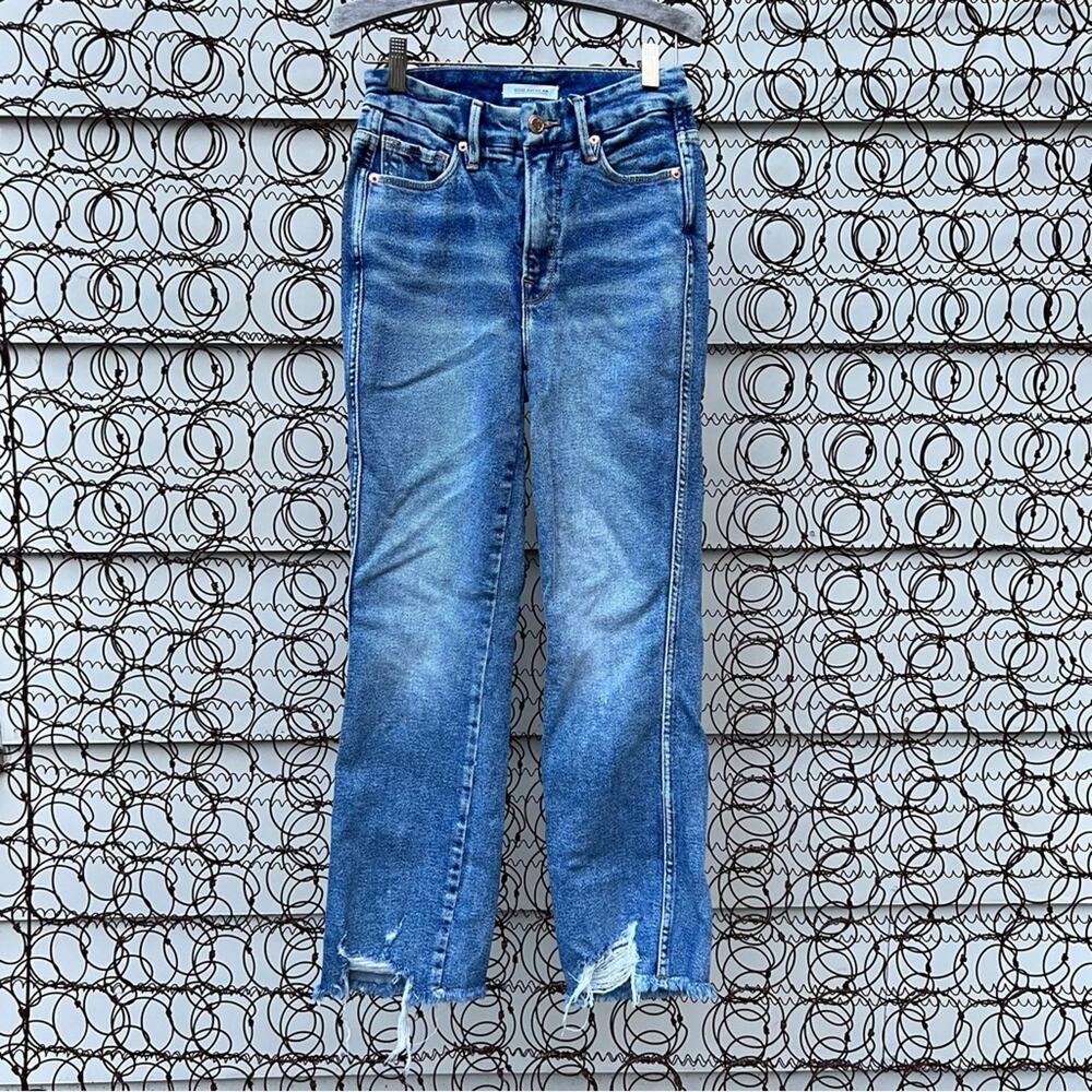 Good American good curved straight jeans shark bite fray hems 0/25